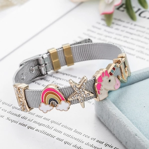 DIY stainless steel mesh bracelet with rainbow, star, and unicorn charms for women