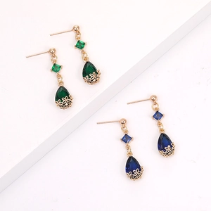18K gold-plated teardrop crystal earrings in blue and green with vintage floral metal filigree