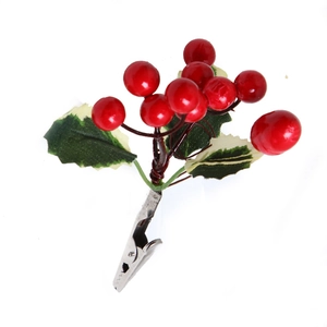 Artificial Christmas holly berry clip with red berries and green leaves for DIY wreath decor