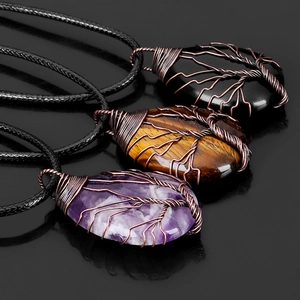 Handmade wire-wrapped tree of life water drop pendants in crystal and natural stone