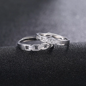Adjustable silver couple rings with chain link design and sparkling cubic zirconia stones