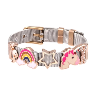 Detail of stainless steel mesh bracelet with cartoon unicorn and flamingo enamel charms