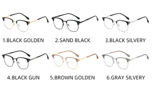 Detailed showcase of six semi-rimless eyeglass frames in various classic color combinations