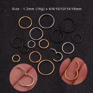 Stainless steel hinged piercing rings in gold, silver, and black with various size options