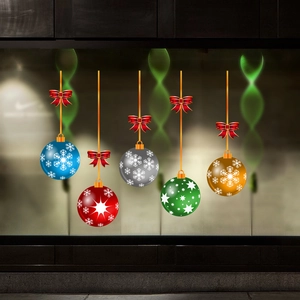 Close-up of colorful Christmas ball wall stickers with snowflakes and red bows
