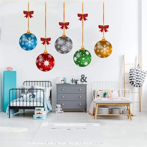 Colorful Christmas ball wall decals with snowflakes and bows for home living room decor