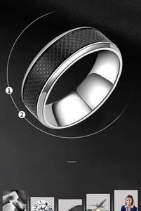 Detail of polished silver ring with black carbon fiber inlay and AAA zircon stones