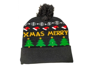 Detail showing knit XMAS MERRY text and Santa motifs on black LED Christmas beanie