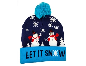 Detail of navy knit beanie with snowmen patterns and Let It Snow white text on cuff