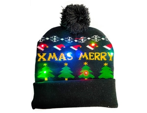 Detail of LED knit beanie with glowing colorful lights and festive Christmas patterns