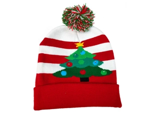 Close-up of knit Christmas hat featuring colorful LED lights and a plush pompom