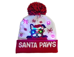 Detail view of the Santa Paws knitted hat with colorful LED lights and pom-pom topper