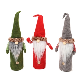 Three-piece Christmas gnome wine bottle covers in red, green and grey knitted felt fabric
