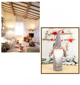 Detail of Christmas gnome wine bottle cover with grey felt hat and white beard decoration