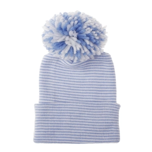 Detail view of a soft blue and white striped newborn knit beanie with a fluffy pom-pom.