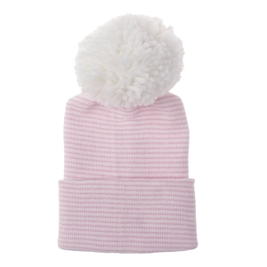 Pink and white striped double-layered thick baby knit hat with a fluffy pom-pom top