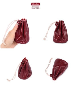 Detailed four-angle view of wine red oil wax leather coin purse with drawstring