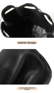 Detail view of premium oil wax cowhide leather pouch with drawstring and interior design