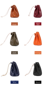 Detailed view of genuine leather drawstring pouches in six vibrant assorted colors