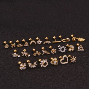 20 pairs of gold and silver stainless steel stud earrings with zircon flower star shapes