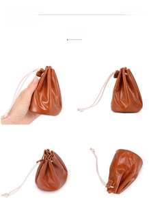 Multi-angle view of a khaki oil-wax leather coin purse with drawstring closure details