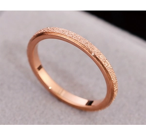 Detail of rose gold stainless steel ring featuring a fine frosted finish and slim design