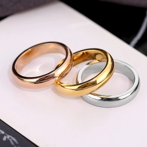 Minimalist wide band stainless steel rings in rose gold, gold and silver finish set