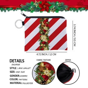 Detailed dimension guide and material close-up of Christmas striped polyester coin purse
