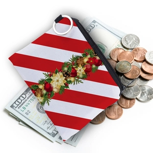 Christmas wreath coin purse with red stripes and metal keyring for coins and notes