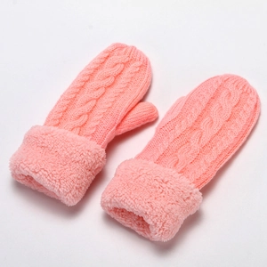 Detail showing pink cable-knit mittens with thick faux fur lining and warm fleece cuffs