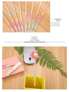 Detail of transparent gel pens featuring pink flamingo and rainbow cloud silicone toppers
