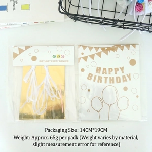 Golden Happy Birthday banner set with ribbon and needle, package size 14x19cm