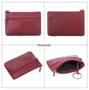 Macro details of red wine crazy horse leather coin purse with three zipper compartments