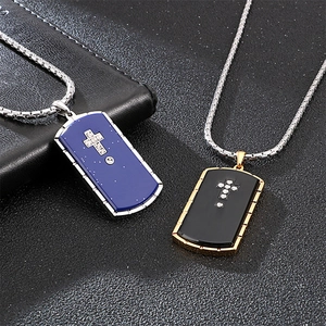 Men's titanium steel military tag necklaces with rhinestone cross on black background