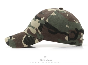 Side view of woodland camo baseball cap featuring classic six-panel design and curved brim