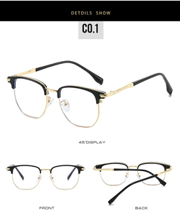 Detailed 45-degree macro view of men's semi-rimless business glasses with gold metal hinges