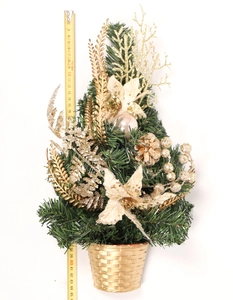 Detailed view of a 42cm Christmas tree with gold leaves and beige poinsettia flowers