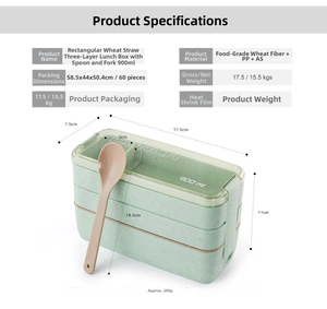 Detailed specs of green 900ml wheat fiber lunch box with utensils and dimensions