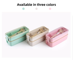 Three 750ml stackable lunch boxes in pastel green, beige and pink with utensils
