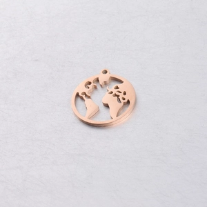 Detailed macro view of rose gold world map pendant with hollow mirror polished finish
