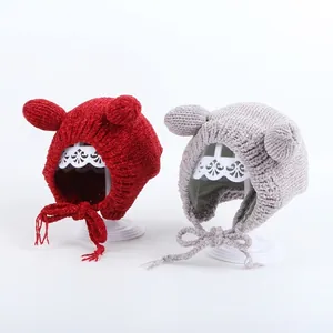 Baby Winter Warm Knitted Ear Protection Hat Chenille Soft Cartoon Bear Ears Braided Straps Windproof Beanie For Infants
