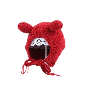 Winter baby knit beanie with bear ears and earflaps in vibrant red chenille fabric