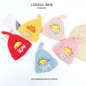 Baby Knitted Beanie Hat Warm Winter Cute Sun Embroidery Infant Toddler Knotted Top Acrylic Ribbed Soft Outdoor