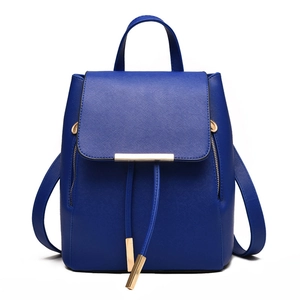 Zaino alla moda in pelle PU blu da donna con finiture dorate e chiusura a coulisse
