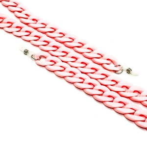Close-up of pink acrylic chain links with silver rings and white silicone anti-slip loops