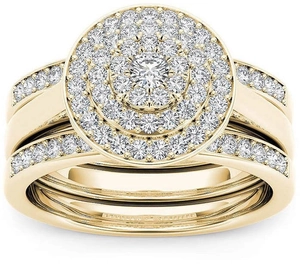 Set di tre anelli placcati in oro 18 carati con design halo e zirconi tondi brillanti