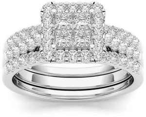 Set di fedi nuziali placcate in oro con diamanti quadrati e fascia pavé brillante