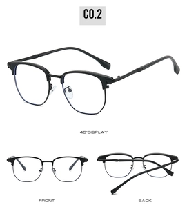 Detailed views of black half-frame blue light blocking glasses from multiple angles