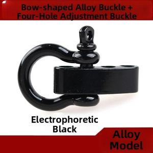 Macro view of electrophoretic black bow shackle and 4-hole adjuster for paracord