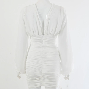 Rear view of white V-neck long sleeve bodycon dress with ruffle trim and pleated details